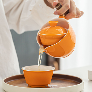 逍遥泡茶壶360度旋转玻璃功夫茶杯，茶具套装家用旅行便携包，单盖碗(单盖碗)