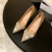 银色水钻金色结婚鞋细跟浅口尖头不累脚高跟鞋法式时尚新娘单鞋