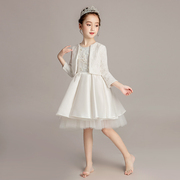 女童白色礼服公主裙花童婚纱裙，蓬蓬纱儿童，小主持人钢琴演出服冬季