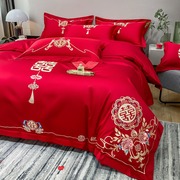 高档中式全棉结婚四件套大红色，床单被套纯棉婚庆床上用品婚房喜被