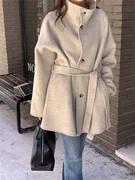 2024韩国设计师气质名媛风立领系带双面绒大衣女短款羊毛外套
