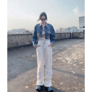 csy原创设计蓝色牛仔外套，女秋短款复古休闲开叉拉链长袖做旧上衣
