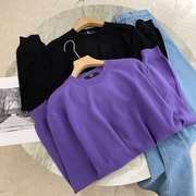 韩版紫色宽松套头长袖针织衫，圆领百搭流行上衣，d?1