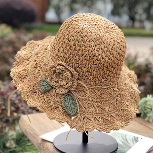 沙滩帽手工编织夏凉帽草帽女遮阳花朵可折叠防紫外线防晒太阳帽