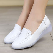 春秋季女鞋坡跟单鞋小白，鞋白色护士鞋，牛筋底中跟软底工作鞋真皮鞋