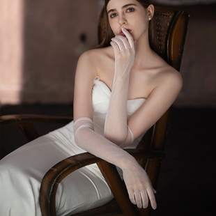 WG099优雅白色简约网纱长款婚纱礼服晚宴会派对新娘结婚手套