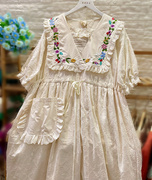 熊姑娘(熊姑娘)长款连衣裙纯色，重工绣花纯棉，2024夏装短袖宽松大码森女系