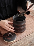 紫陶茶罐小号竹节储物浮雕存储罐中式复古散装普洱存茶叶罐密封罐