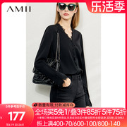Amii2024春季V领衬衫女高级感衬衣蕾丝拼接上衣黑色雪纺衫
