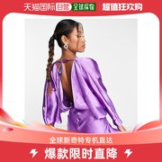 香港直邮潮奢asos女士，设计高光缎面，露背膨起袖迷你紫色连衣裙