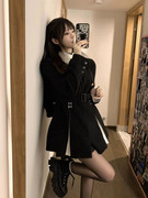 23SS秋冬季原创假两件黑色收腰西装设计感气质名媛格子外套西服女