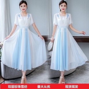 蓝白拼接国风连衣裙日常夏装女装改良汉服收腰显瘦刺绣长裙