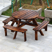 碳化防腐木户外庭院民宿室外实木桌子连带凳子连体餐桌椅组合