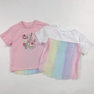 110-155内~女孩女童，套头棉氨纶，拼接彩虹百褶雪纺短袖t恤