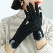 手套女冬季可爱秋冬加绒时尚韩版保暖开车骑行分，指触屏麂皮绒手套