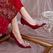 红色结婚鞋新娘鞋2023中式秀禾婚纱两穿孕妇订婚敬酒服高跟鞋