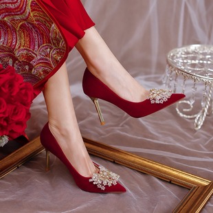 红色结婚鞋新娘鞋2024中式秀禾婚纱两穿孕妇订婚敬酒服高跟鞋
