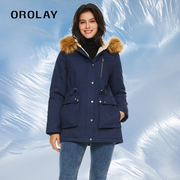 orolay欧绒莱23年冬季加绒连帽，毛领派克服工装，棉服外套女士