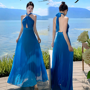 法式蓝色高级性感气质海边度假挂脖连衣裙仙女夏季露背沙滩长裙子