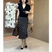 韩国设计师cherrykoko夏季黑色，v领短袖t恤高腰半身波点裙女装