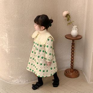 女童娃娃领印花棉衣裙2022秋冬装韩版儿童洋气夹棉加厚连衣裙