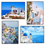 希腊爱琴海地中海城市建筑唯美装饰画，有框玄关，挂画客厅单幅定制