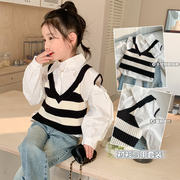 女童春季套装2024儿童春秋，韩版条纹马甲白衬衫，宝宝春装两件套