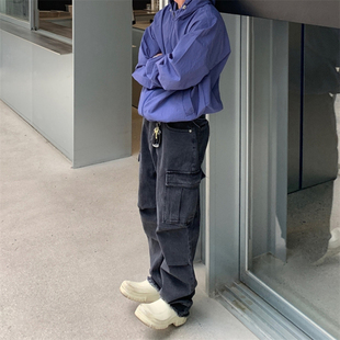 MRDONG韩国男装重工水洗设计师款立体口袋掐褶阔腿工装牛仔裤