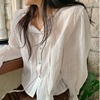 韩国chic春季减龄复古小众甜美喇叭袖刺绣蕾丝衫单排扣纯色衬衣女