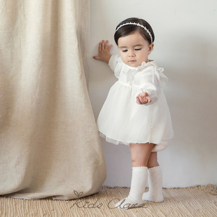 kidsclara韩国婴儿连衣裙春款白纱裙(白纱裙)纯棉，长袖女宝宝周岁公主裙
