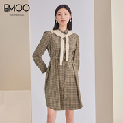 EMOO杨门秋季英伦格子两件套收腰衬衫连衣裙长袖显瘦裙子