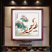 新中式荷花九鱼图玄关装饰画，入户走廊餐厅卧室，挂画客厅背景墙国画