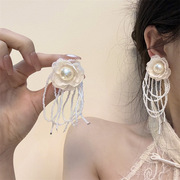 韩式新娘花朵耳夹超仙流苏，长款森系耳环结婚纱，礼服跟妆耳饰品