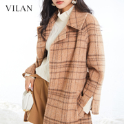 vilan/慧兰商场款毛呢大衣女气质冬季高级复古格纹绵羊毛外套