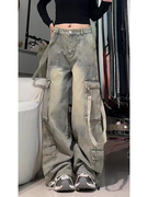 大码美式复古工装多口袋牛仔裤男女设计感绑带宽松显瘦垂感阔腿裤