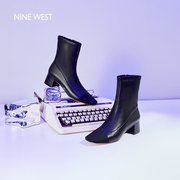 Nine West/玖熙撞色短靴女小香风靴子秋冬时尚软皮粗跟时装靴