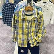 小熊童装24春季男童纯棉休闲洋气黄色，格子长袖衬衫