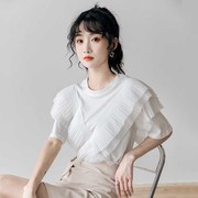 白色短袖t恤女设计感2023年夏季韩版宽松雪纺拼接荷叶边上衣ins潮