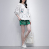 阔腿短裤套装女夏2023韩版白色印花圆领时尚，显瘦雪纺衫两件套