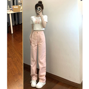粉色牛仔裤女小个子2022秋冬直筒裤小众设计感高腰显瘦阔腿裤