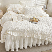 a类高档床裙款床上四件套，夹棉绗缝防滑被罩蕾丝花边床单四季通用