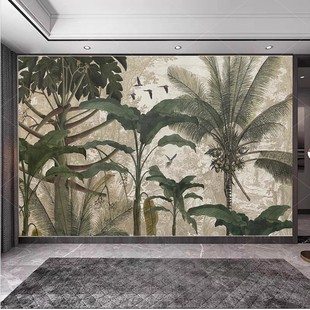 美式复古手绘热带雨林植物背景墙纸东南亚壁纸酒店主题餐厅壁画