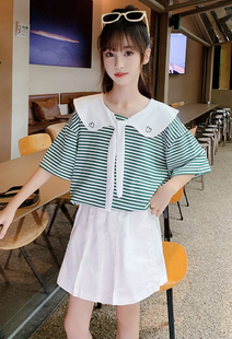 120-170女童条纹娃娃领短袖，t恤上衣，短裤两件套装夏季韩版洋气
