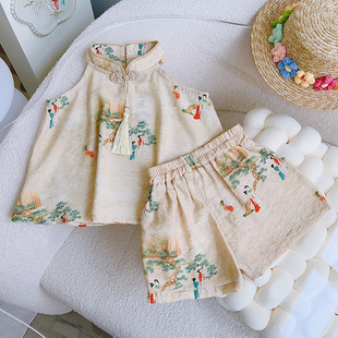 女童洋气中国风套装夏季宝宝中式古风无袖吊带衫+短裤两件套