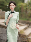 秋季蕾丝绿色旗袍文艺中国风宴会礼服走秀女连衣裙中长款改良