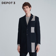 DEPOT3男装大衣原创设计品牌中长款羊绒拼接色块加厚西装大衣