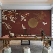 新中式古风壁纸i玉兰花，客厅沙发背景墙纸古典仙鹤，壁画茶室书房墙