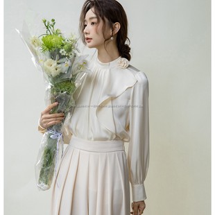 品质感立领设计仿醋酸缎面长袖修身玫瑰衬衫6032法式白色优雅上衣