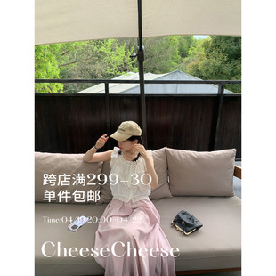 cheese'海德公园'上衣女夏法式复古宽松无袖圆领花边抽绳白色衬衫