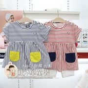 夏装韩国网红女童装宝宝洋气条纹短袖娃娃裙T恤白短裤2件套装